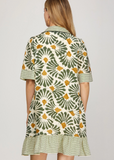 Olive Print Collared Dress With Pockets