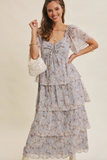 Baby Blue Floral Tiered Ruffle Midi Dress