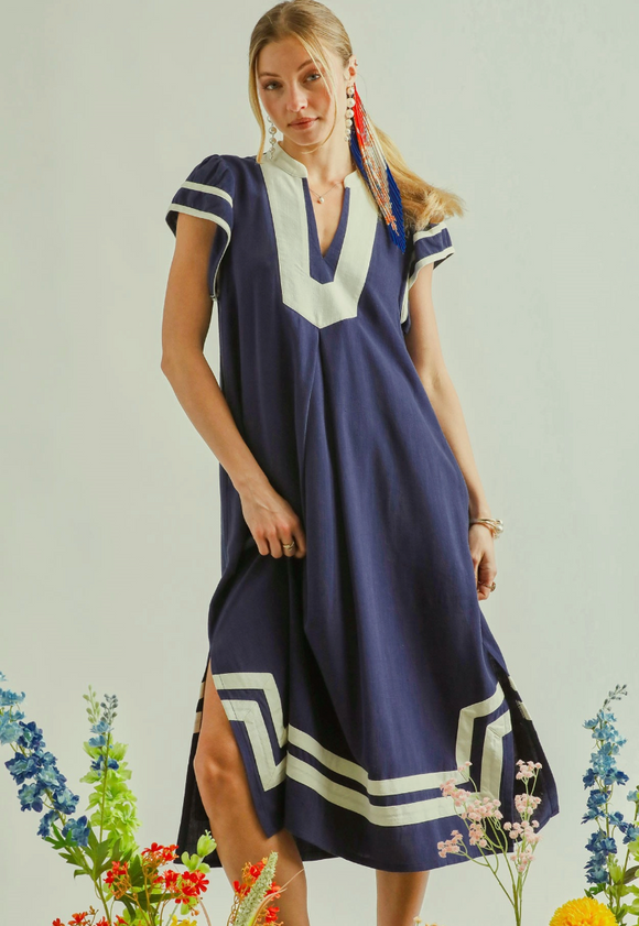 Navy & Ivory Contrast Cap Sleeve Midi