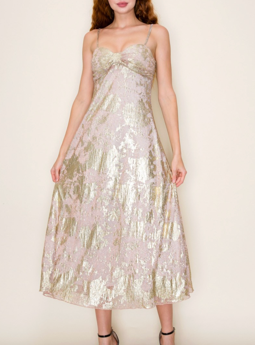 Taupe & Gold Foil Bow Midi Dress Fashion Cupcake Taupe & Gold Foil Bow Midi Dress Fashion Cupcake