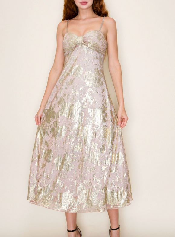 Taupe & Gold Foil Bow Midi Dress