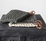 Dark Charcoal  - Crochet Pot Holder with Leather Strap