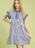 Blue Mixed Stripe Flutter Sleeve Dress