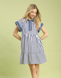 Blue Mixed Stripe Flutter Sleeve Dress