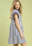 Blue Mixed Stripe Flutter Sleeve Dress