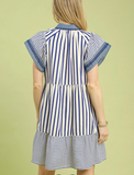 Blue Mixed Stripe Flutter Sleeve Dress