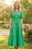 Green Puff Sleeve Tiered Midi Dress