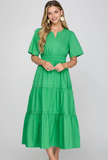 Green Puff Sleeve Tiered Midi Dress