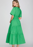 Green Puff Sleeve Tiered Midi Dress