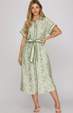 Green Pattern Tie Midi Dress