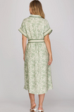 Green Pattern Tie Midi Dress