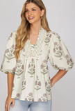 Off White Smocked V-Neck Top