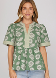 Short Sleeve Slate Green Printed Top