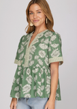 Short Sleeve Slate Green Printed Top