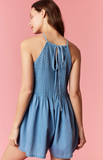 Polka Dot Denim Pintuck Pleated Halter Romper