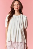 White Bubble Sleeve Tuck Pleat Flare Top