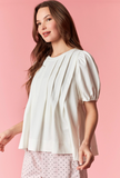 White Bubble Sleeve Tuck Pleat Flare Top