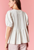 White Bubble Sleeve Tuck Pleat Flare Top