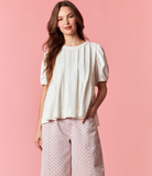 White Bubble Sleeve Tuck Pleat Flare Top