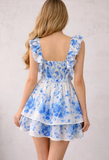 Deep V Blue & White Floral Dress