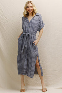 Navy Striped Button Front Midi