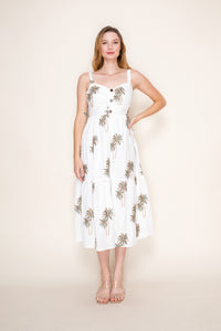 White Tan & Green Palms Midi Dress