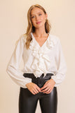 White Elastic Hem Ruffle Long Sleeve