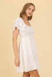 White Smocked Ruffle Sleeve Dress