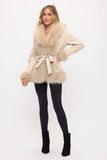 Beige Fur-Trimmed Wrap Coat
