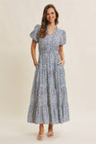 Leaf Pattern Bubble Sleeve Maxi Dress