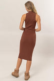 Chestnut Ribbed Mock Neck Fitted MIdi Dress