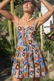 Brown & Blue Printed Tie Front Dress