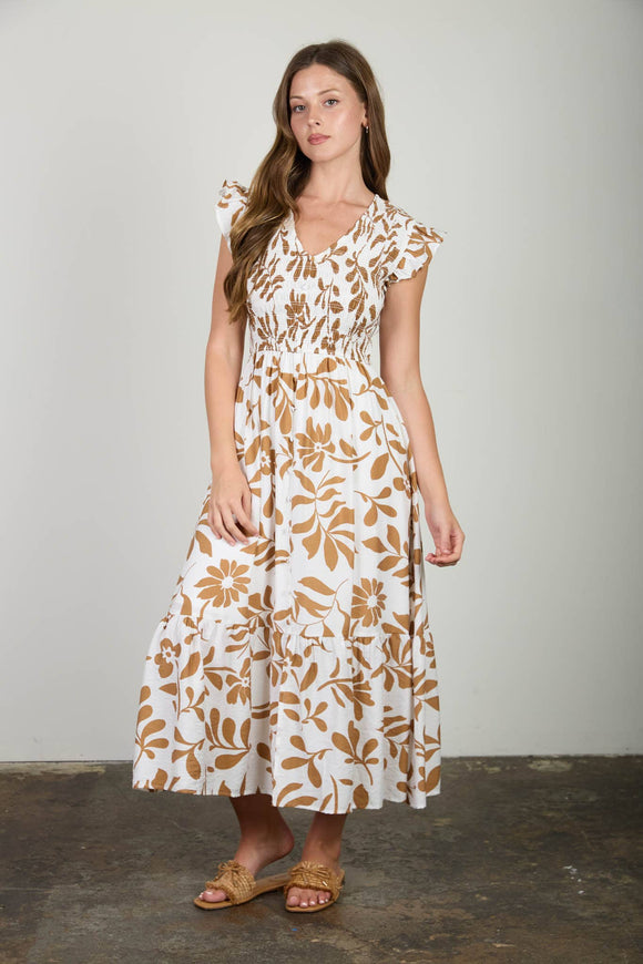 Ivana Floral Leaf Midi Dress in Brown M / Light Brown