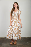 Brown Floral Leaf Print Smocked Midi Dress