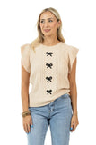 Cream Black Bow Front Ruffle Top