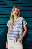 Blue Geo Print Short Sleeve Sweater Top