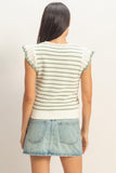 Sage Green Stripe Crochet Flutter Top