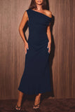 Navy Ruched Side Off the Shoulder Top