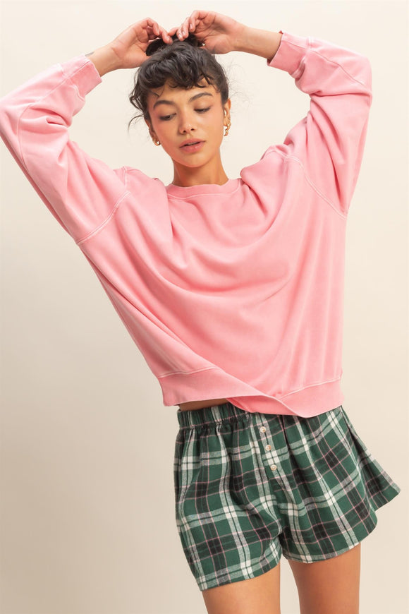 Bright Pink Ribbed Hem Sweatshirt