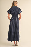 Navy Smocked Waist White Piping Midi