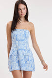 Blue Patch Pattern Strapless Mini Dress
