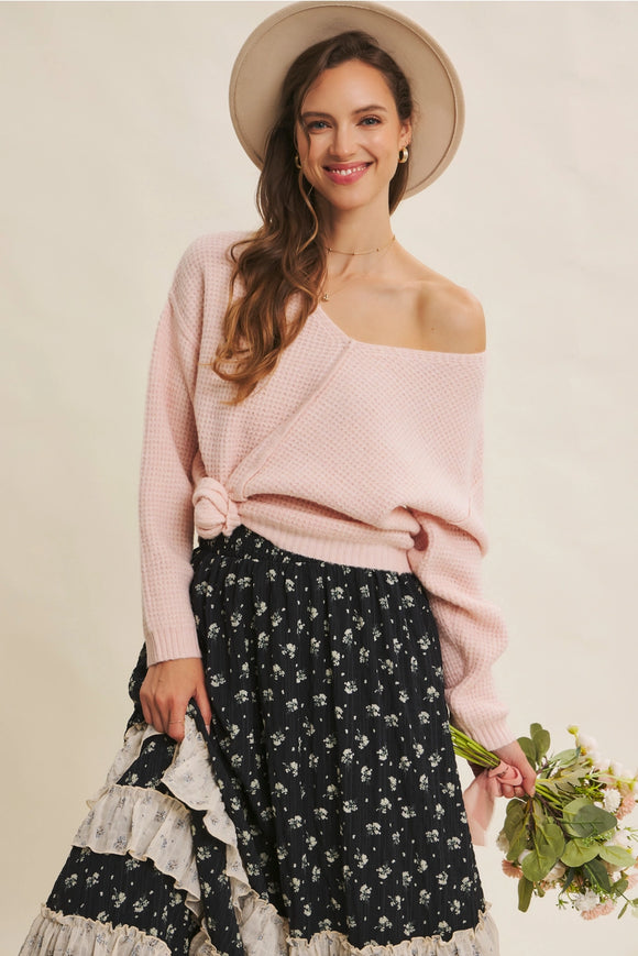 Baby Pink Waffle V-Neck Sweater