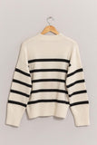 Cream & Black Striped Mock Neck Sweater