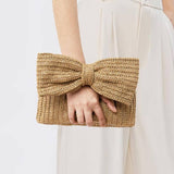 Khaki Bow Straw Clutch Bag