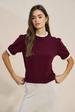 Wine Lace Trim Mock Neck Knit Top
