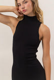 Black Ribbed Mock Neck Fitted MIdi Dress