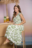 Floral Leaf Print Smocked Midi Dress