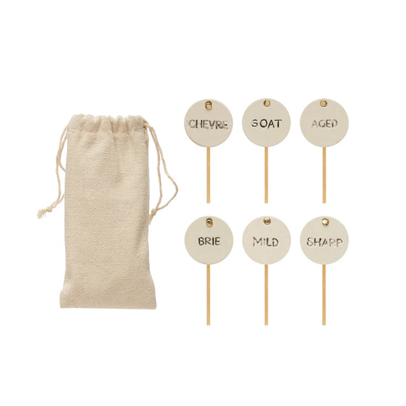 Set Of 6 Stoneware & Stainless Cheese Markers