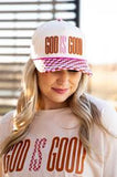 "God is Good" on Tan Hat with Checkered Bill