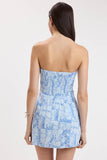 Blue Patch Pattern Strapless Mini Dress